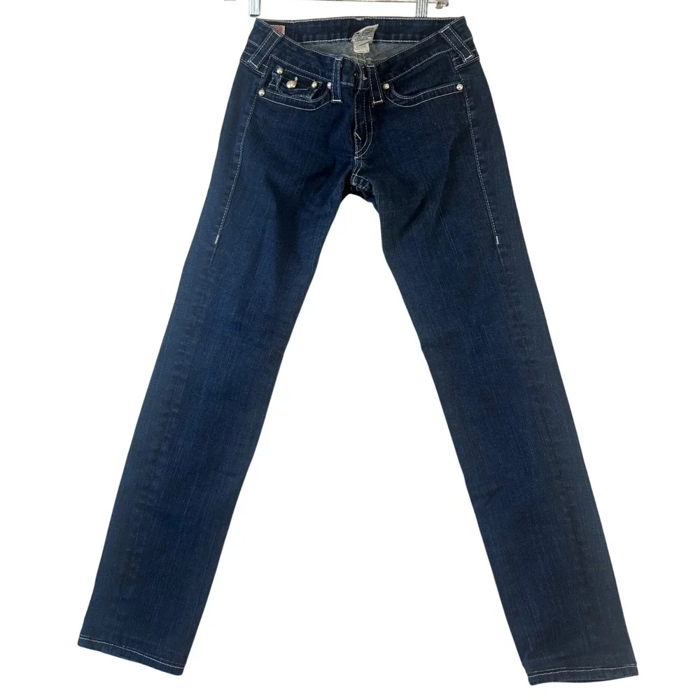 True Religion Mens Slim Straight Indigo Jeans Pearl Buttons White Stitch Size 28
